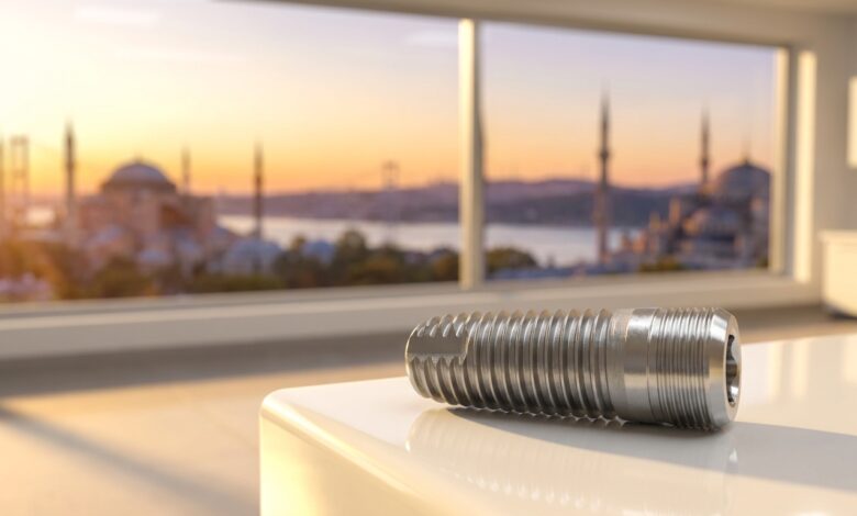 A close-up, photorealistic image of a sterile titanium dental implant. It rests on a glossy white surface in front of a window showing a blurred, out-of-focus sunrise view of the Istanbul skyline and the Bosphorus.