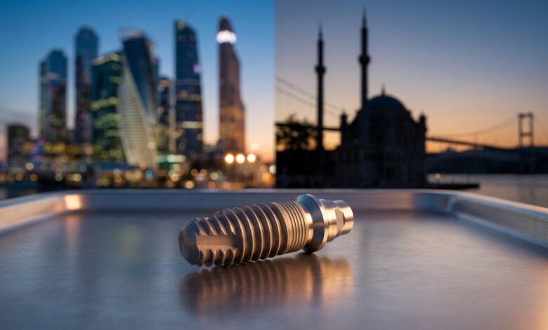 A close-up, photorealistic image of a high-quality titanium dental implant in sharp focus. The background is artistically split and blurred, showing a modern American cityscape on one side and the historic Istanbul skyline on the other, representing the choice in dental tourism locations.
