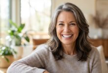 A photorealistic close-up of a happy and healthy woman in her late 50s, smiling warmly and confidently in a bright, modern home. Her smile is the focal point, representing excellent oral health.
