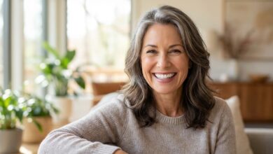 A photorealistic close-up of a happy and healthy woman in her late 50s, smiling warmly and confidently in a bright, modern home. Her smile is the focal point, representing excellent oral health.