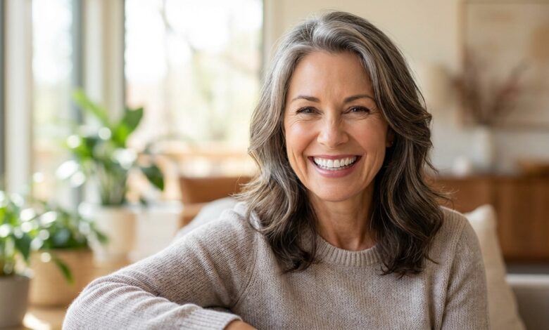 A photorealistic close-up of a happy and healthy woman in her late 50s, smiling warmly and confidently in a bright, modern home. Her smile is the focal point, representing excellent oral health.