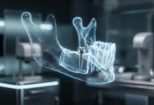 A photorealistic 3D hologram of a human jawbone with a dental implant being placed. The scene is set in a modern, clean lab, representing advanced technological solutions for dental bone loss.