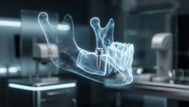 A photorealistic 3D hologram of a human jawbone with a dental implant being placed. The scene is set in a modern, clean lab, representing advanced technological solutions for dental bone loss.