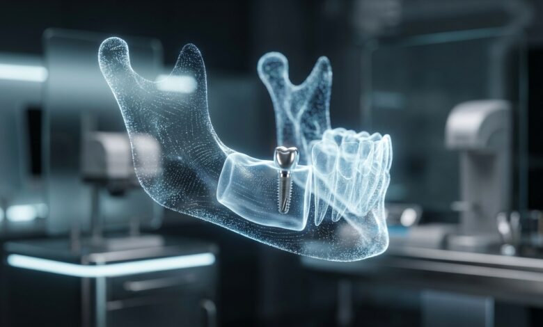 A photorealistic 3D hologram of a human jawbone with a dental implant being placed. The scene is set in a modern, clean lab, representing advanced technological solutions for dental bone loss.