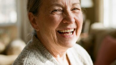 A close-up photograph of a joyful senior woman with a perfect, healthy smile, illustrating the confidence gained from modern dental solutions like implants.
