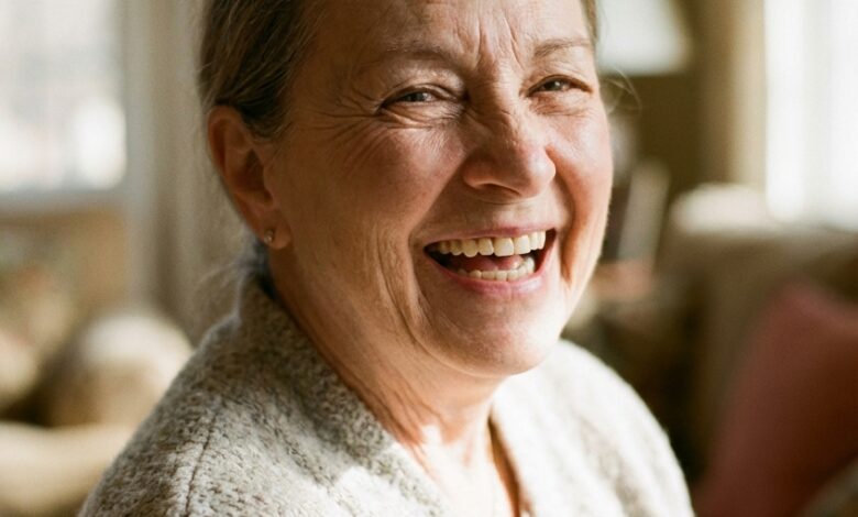 A close-up photograph of a joyful senior woman with a perfect, healthy smile, illustrating the confidence gained from modern dental solutions like implants.