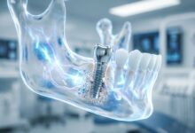 A detailed close-up of a high-tech digital rendering showing a titanium dental implant integrating with a translucent model of a jawbone, set against a clean, blurred background.