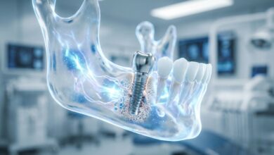 A detailed close-up of a high-tech digital rendering showing a titanium dental implant integrating with a translucent model of a jawbone, set against a clean, blurred background.