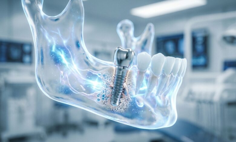 A detailed close-up of a high-tech digital rendering showing a titanium dental implant integrating with a translucent model of a jawbone, set against a clean, blurred background.