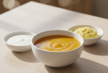 A photorealistic close-up image showing a trio of soft, nourishing foods on a clean surface. There is a bowl of smooth orange soup, a white bowl of plain yogurt, and a small dish of mashed yellow fruit, likely banana or applesauce. The focus is sharp on the food, with a softly blurred background, emphasizing a healthy diet suitable for post-dental implant recovery.