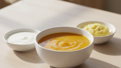 A photorealistic close-up image showing a trio of soft, nourishing foods on a clean surface. There is a bowl of smooth orange soup, a white bowl of plain yogurt, and a small dish of mashed yellow fruit, likely banana or applesauce. The focus is sharp on the food, with a softly blurred background, emphasizing a healthy diet suitable for post-dental implant recovery.