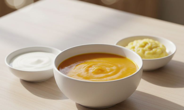 A photorealistic close-up image showing a trio of soft, nourishing foods on a clean surface. There is a bowl of smooth orange soup, a white bowl of plain yogurt, and a small dish of mashed yellow fruit, likely banana or applesauce. The focus is sharp on the food, with a softly blurred background, emphasizing a healthy diet suitable for post-dental implant recovery.