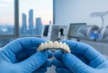 A photorealistic close-up of a dental professional's gloved hands presenting a full arch of flawless, white prosthetic teeth in a clean, high-tech dental laboratory with a blurred city view in the background.