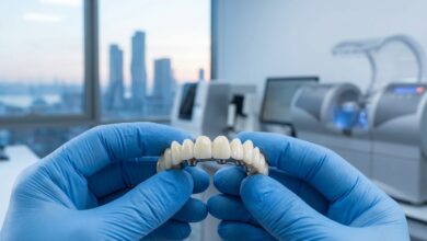 A photorealistic close-up of a dental professional's gloved hands presenting a full arch of flawless, white prosthetic teeth in a clean, high-tech dental laboratory with a blurred city view in the background.