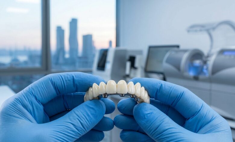 A photorealistic close-up of a dental professional's gloved hands presenting a full arch of flawless, white prosthetic teeth in a clean, high-tech dental laboratory with a blurred city view in the background.
