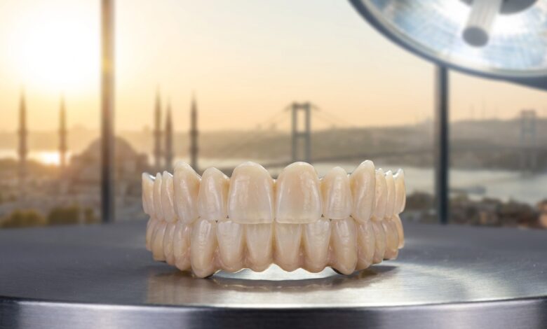 A photorealistic image of a full-arch Zirconia dental implant bridge on a clean surface in a modern dental clinic, with a blurred view of Istanbul, Turkey, visible through a window in the background.