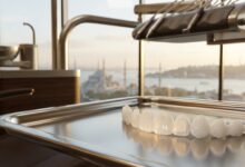A close-up of perfect porcelain veneers on a tray inside a modern dental clinic, with a blurred background showing the Istanbul, Turkey skyline and the Bosphorus through a large window.