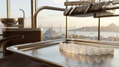 A close-up of perfect porcelain veneers on a tray inside a modern dental clinic, with a blurred background showing the Istanbul, Turkey skyline and the Bosphorus through a large window.