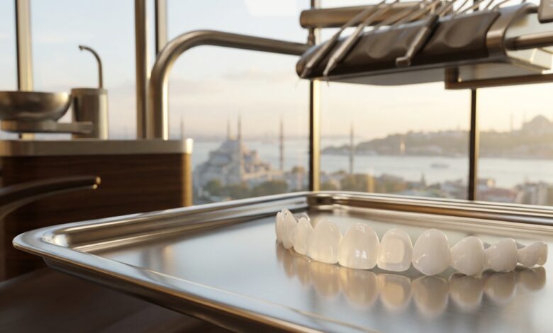 A close-up of perfect porcelain veneers on a tray inside a modern dental clinic, with a blurred background showing the Istanbul, Turkey skyline and the Bosphorus through a large window.
