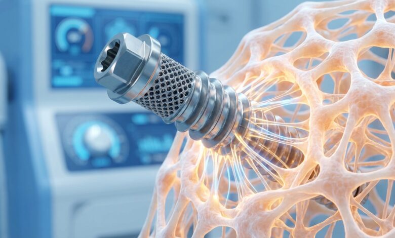 A detailed, macro-style abstract image showing a metallic implant structure merging flawlessly with a glowing, organic bone-like material, illustrating the concept of osseointegration and healing.
