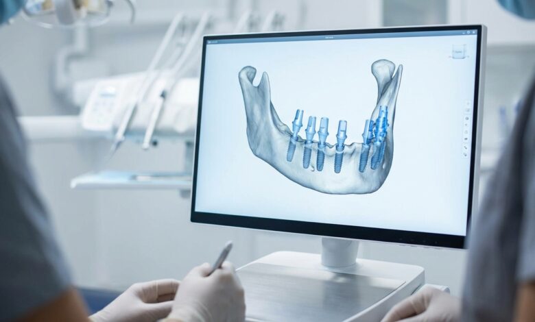 A photorealistic close-up of a computer screen in a modern dental clinic displaying a 3D digital model of a human jaw with the planned positions for a full arch of dental implants. The background is a clean, out-of-focus clinical setting.