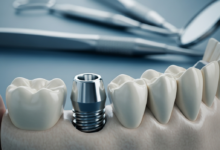 Close-up of a titanium dental implant being meticulously positioned within a conceptual jawbone model. Sterile, high-tech dental tools are subtly blurred in the background, conveying precision and medical expertise. The lighting is cinematic, highlighting the details of the implant and bone structure with a shallow depth of field. The scene evokes the process of repairing or replacing a dental implant.