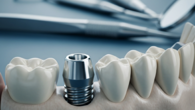 Close-up of a titanium dental implant being meticulously positioned within a conceptual jawbone model. Sterile, high-tech dental tools are subtly blurred in the background, conveying precision and medical expertise. The lighting is cinematic, highlighting the details of the implant and bone structure with a shallow depth of field. The scene evokes the process of repairing or replacing a dental implant.