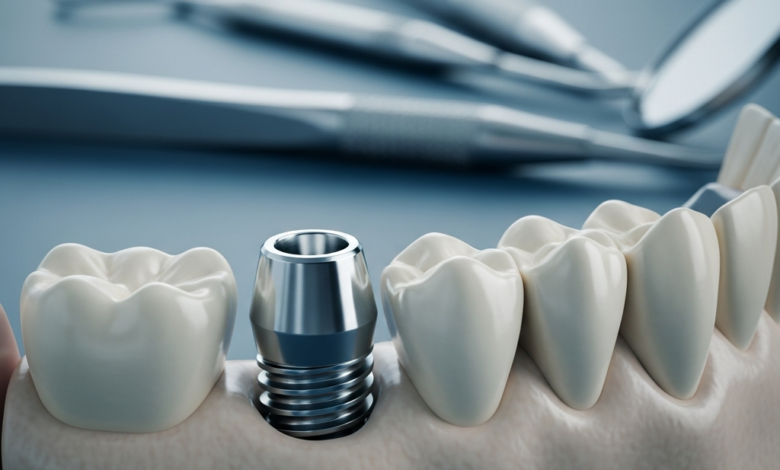 Close-up of a titanium dental implant being meticulously positioned within a conceptual jawbone model. Sterile, high-tech dental tools are subtly blurred in the background, conveying precision and medical expertise. The lighting is cinematic, highlighting the details of the implant and bone structure with a shallow depth of field. The scene evokes the process of repairing or replacing a dental implant.