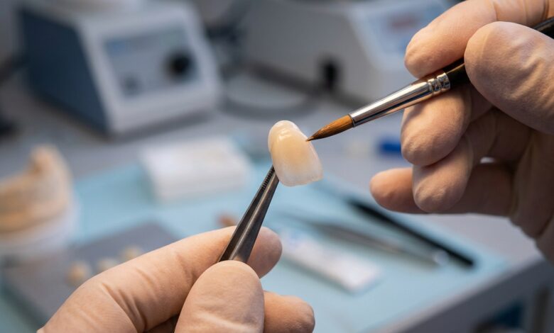 A close-up, photorealistic image of a dental technician's hands carefully crafting a single porcelain veneer with a small brush in a modern, clean laboratory setting.