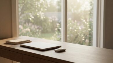 A photorealistic shot of a modern office desk with a laptop next to a large window. The view outside is a peaceful, blurred garden, symbolizing a calm return to work after a period of recovery. The lighting is soft and natural.
