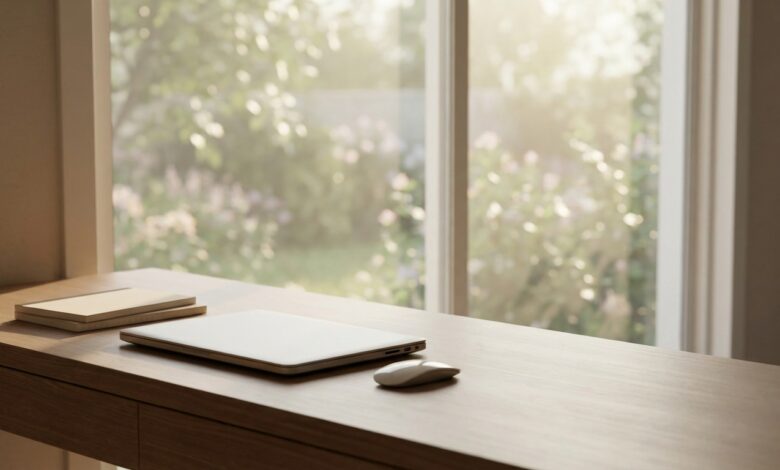 A photorealistic shot of a modern office desk with a laptop next to a large window. The view outside is a peaceful, blurred garden, symbolizing a calm return to work after a period of recovery. The lighting is soft and natural.
