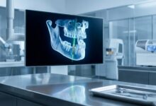 A close-up of a high-tech computer screen in a modern dental clinic displaying a glowing 3D model of a jaw. The model shows the precise digital planning required for an immediate load dental implant, set in a clean, sterile environment.