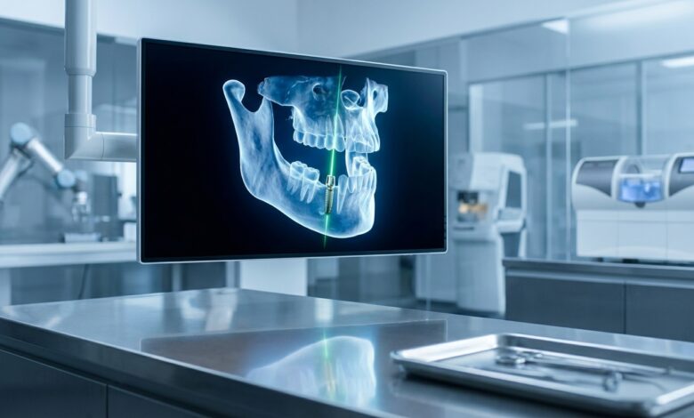 A close-up of a high-tech computer screen in a modern dental clinic displaying a glowing 3D model of a jaw. The model shows the precise digital planning required for an immediate load dental implant, set in a clean, sterile environment.