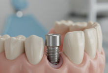Close-up, highly detailed image of a dental implant partially embedded in realistic gum and bone tissue, showing subtle signs of inflammation and minor gum recession around the implant collar. The titanium screw is visible, implying a potential issue with osseointegration or peri-implantitis. The background is a clean, blurred dental environment.