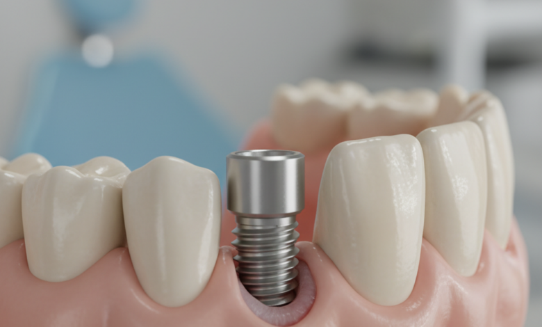 Close-up, highly detailed image of a dental implant partially embedded in realistic gum and bone tissue, showing subtle signs of inflammation and minor gum recession around the implant collar. The titanium screw is visible, implying a potential issue with osseointegration or peri-implantitis. The background is a clean, blurred dental environment.