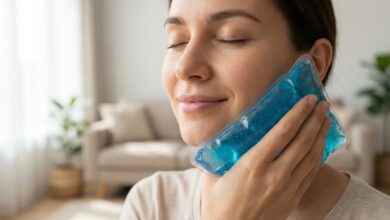 A close-up, photorealistic photo showing a person with a calm expression holding a soft gel ice pack against their jaw, illustrating post-operative self-care in a peaceful home setting.