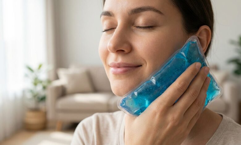 A close-up, photorealistic photo showing a person with a calm expression holding a soft gel ice pack against their jaw, illustrating post-operative self-care in a peaceful home setting.