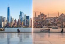 A photorealistic split-screen image. The left side shows a modern American city skyline in bright daylight, and the right side shows the historic Istanbul skyline at sunset, symbolizing the choice for dental treatment between the USA and Turkey.