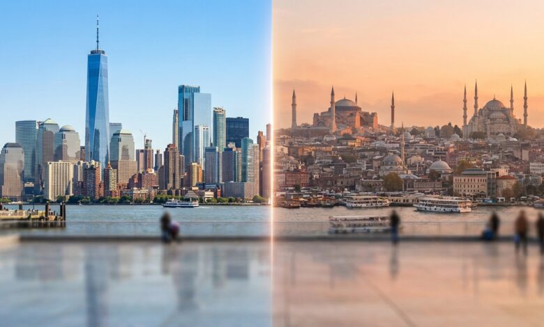 A photorealistic split-screen image. The left side shows a modern American city skyline in bright daylight, and the right side shows the historic Istanbul skyline at sunset, symbolizing the choice for dental treatment between the USA and Turkey.