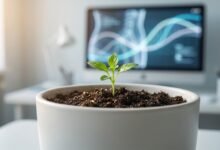 A close-up, photorealistic image of a small green sapling, symbolizing youth. In the softly blurred background, an abstract digital representation of anatomical growth charts is visible in a clean, modern setting, illustrating the concept of waiting for growth to complete before dental implant procedures.