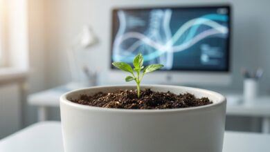 A close-up, photorealistic image of a small green sapling, symbolizing youth. In the softly blurred background, an abstract digital representation of anatomical growth charts is visible in a clean, modern setting, illustrating the concept of waiting for growth to complete before dental implant procedures.