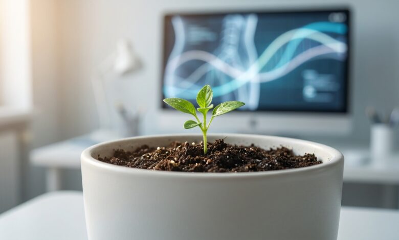 A close-up, photorealistic image of a small green sapling, symbolizing youth. In the softly blurred background, an abstract digital representation of anatomical growth charts is visible in a clean, modern setting, illustrating the concept of waiting for growth to complete before dental implant procedures.