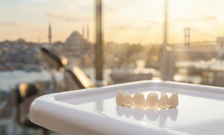 A photorealistic close-up of perfectly crafted dental veneers on a clean surface. In the background, the Istanbul, Turkey skyline is beautifully blurred out of focus through a window during a warm sunset, representing dental tourism.