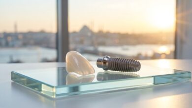 A photorealistic close-up of a high-quality dental implant and a porcelain veneer on a sterile surface, with the iconic Istanbul skyline softly blurred in the background through a window at sunrise.