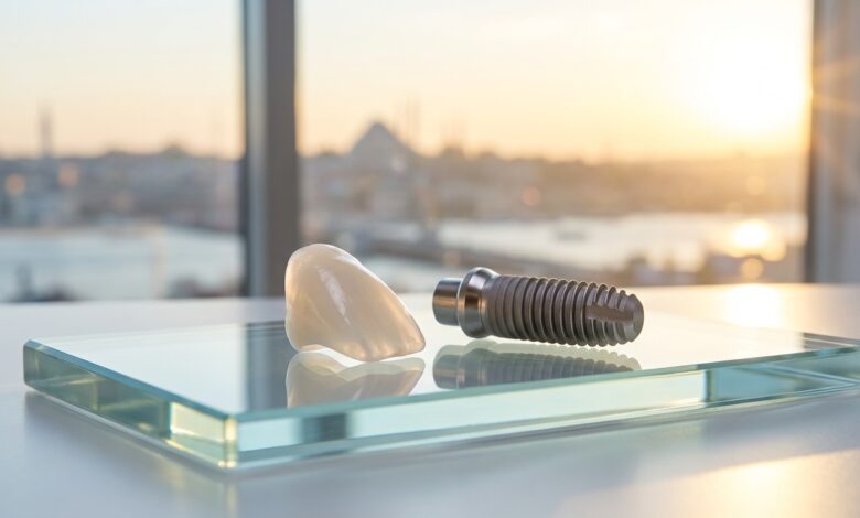 A photorealistic close-up of a high-quality dental implant and a porcelain veneer on a sterile surface, with the iconic Istanbul skyline softly blurred in the background through a window at sunrise.