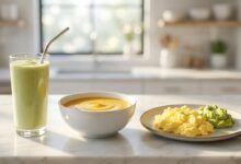 A clean, bright photo showing a progression of foods suitable for dental implant recovery: a green smoothie, a bowl of creamy soup, and a plate of soft scrambled eggs, arranged on a light marble surface.