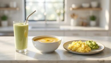 A clean, bright photo showing a progression of foods suitable for dental implant recovery: a green smoothie, a bowl of creamy soup, and a plate of soft scrambled eggs, arranged on a light marble surface.