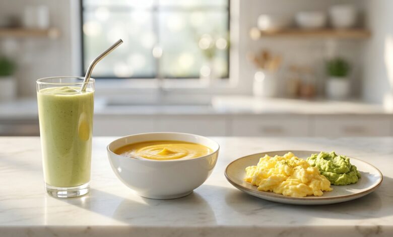 A clean, bright photo showing a progression of foods suitable for dental implant recovery: a green smoothie, a bowl of creamy soup, and a plate of soft scrambled eggs, arranged on a light marble surface.