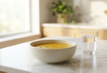 A close-up, photorealistic shot of a white bowl filled with smooth orange soup next to a glass of water, set on a clean countertop to symbolize the safe diet after dental implant surgery.