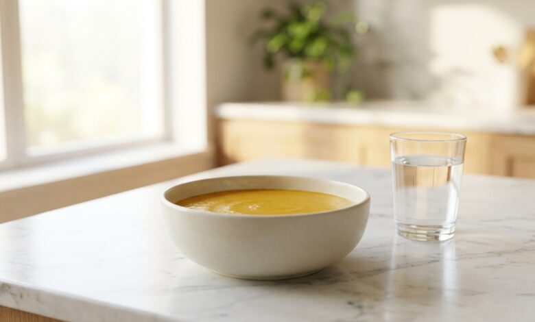 A close-up, photorealistic shot of a white bowl filled with smooth orange soup next to a glass of water, set on a clean countertop to symbolize the safe diet after dental implant surgery.